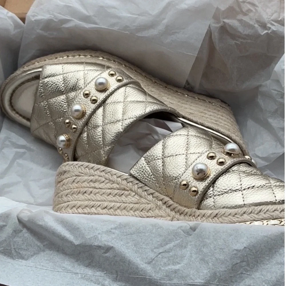 Karl Lagerfeld Paris Gold Quilted Leather Pearl Studded Espadrille Wedge 7